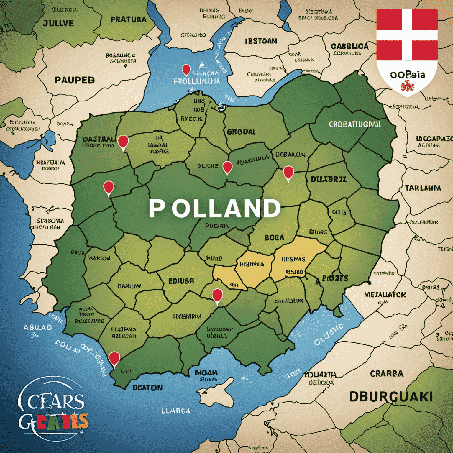 Logo Hidden Gems of Poland przedstawiające mapę Polski z zaznaczonymi ukrytymi skarbami