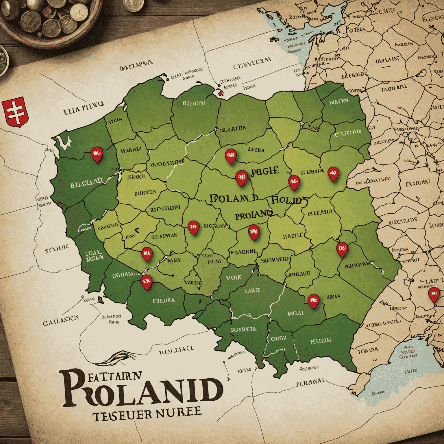 Logo Hidden Gems of Poland przedstawiające mapę Polski z zaznaczonymi ukrytymi skarbami