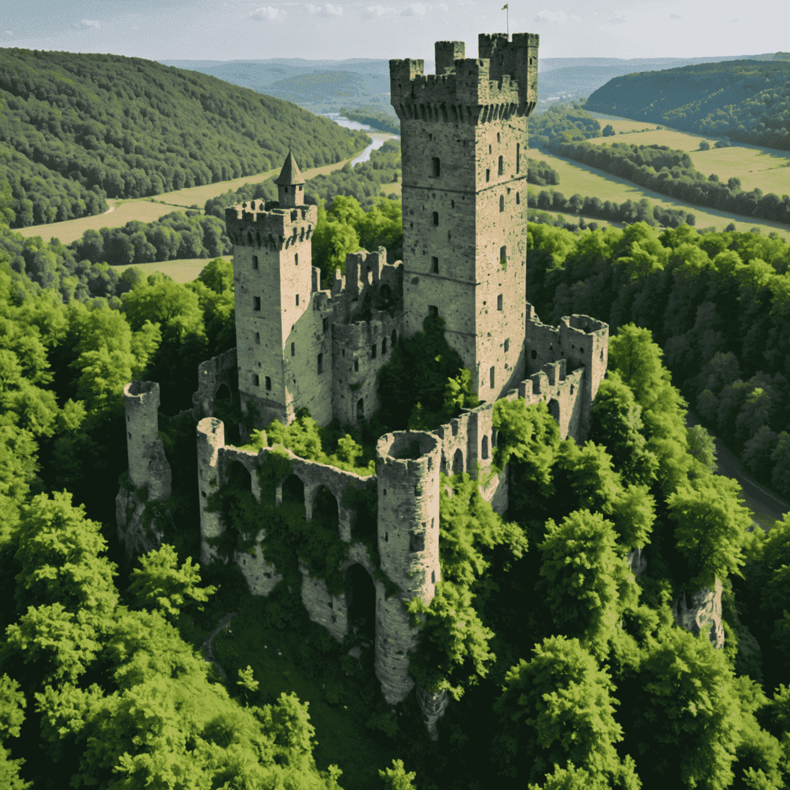 Panoramiczny widok na ruiny średniowiecznego zamku na Śląsku, otoczone gęstym lasem. Kamienne mury częściowo porośnięte bluszczem, z jedną wieżą wciąż stojącą dumnie pośród ruin.