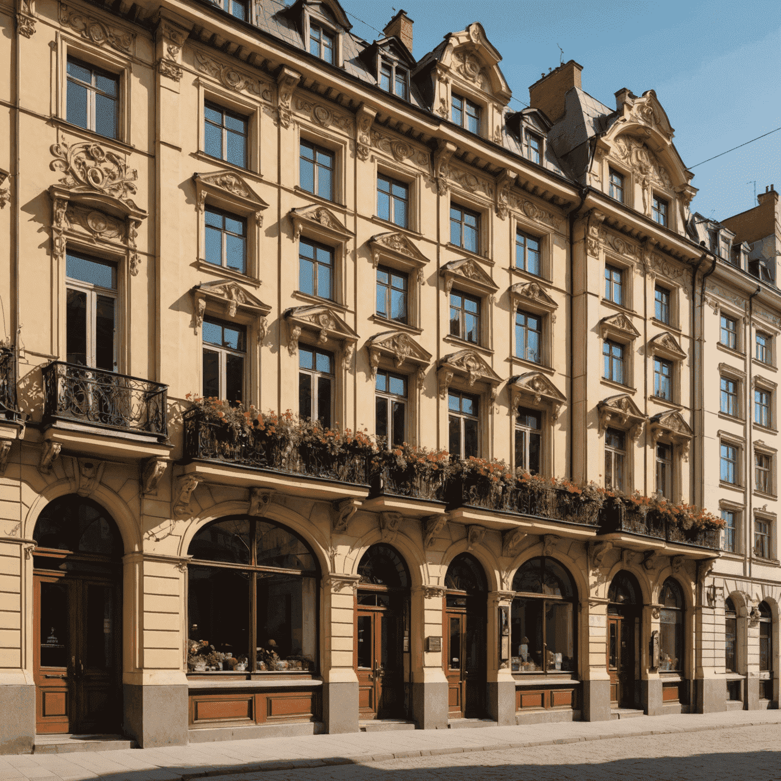 Panorama secesyjnej dzielnicy w Łodzi, ukazująca bogato zdobione fasady kamienic z charakterystycznymi dla stylu Art Nouveau motywami roślinnymi i geometrycznymi. Wąskie uliczki i zabytkowe latarnie dodają uroku tej ukrytej perełce architektury.