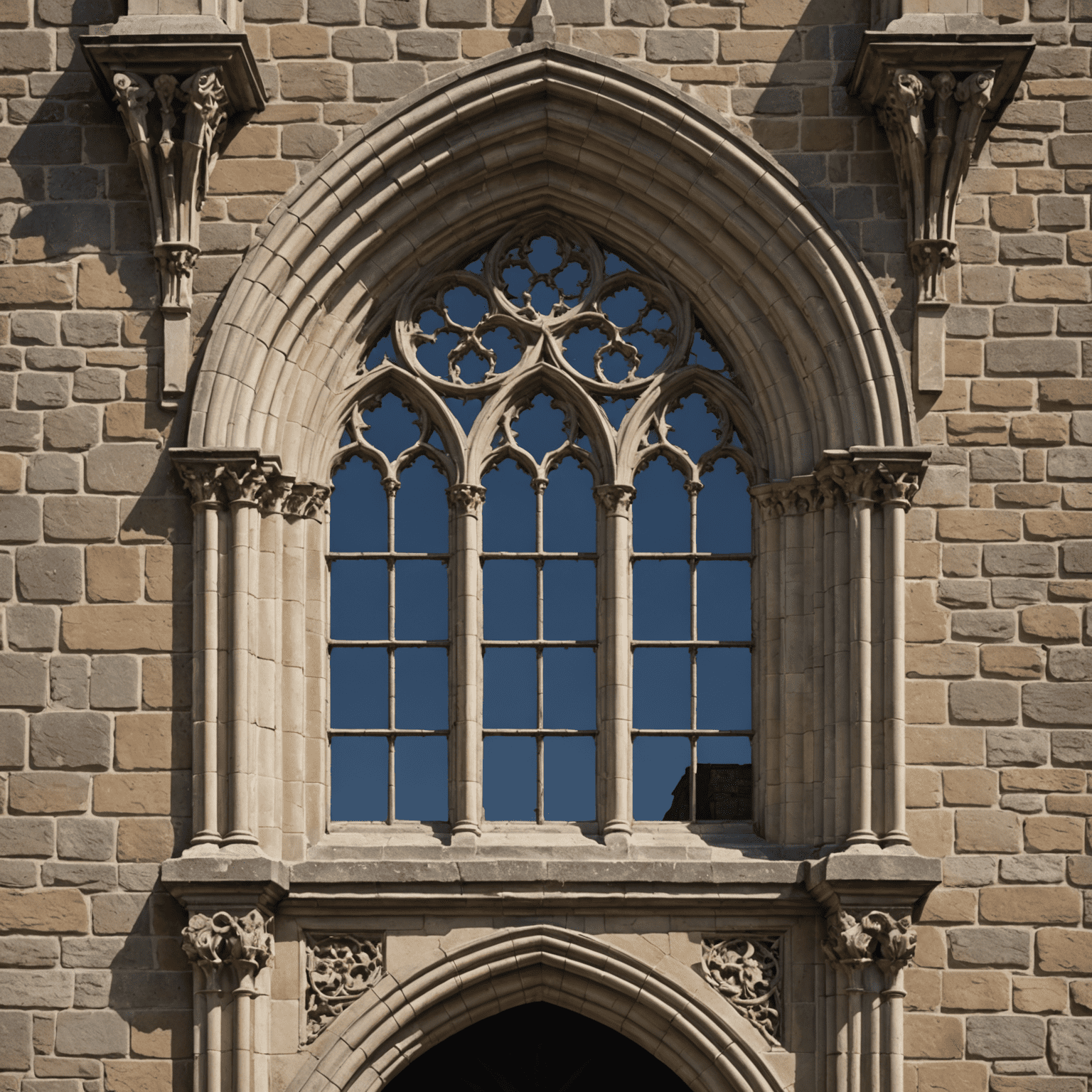 Zbliżenie na kamienne mury zamku z widocznymi detalami architektonicznymi, takimi jak gotyckie łuki okienne i rzeźbione gzymsy.