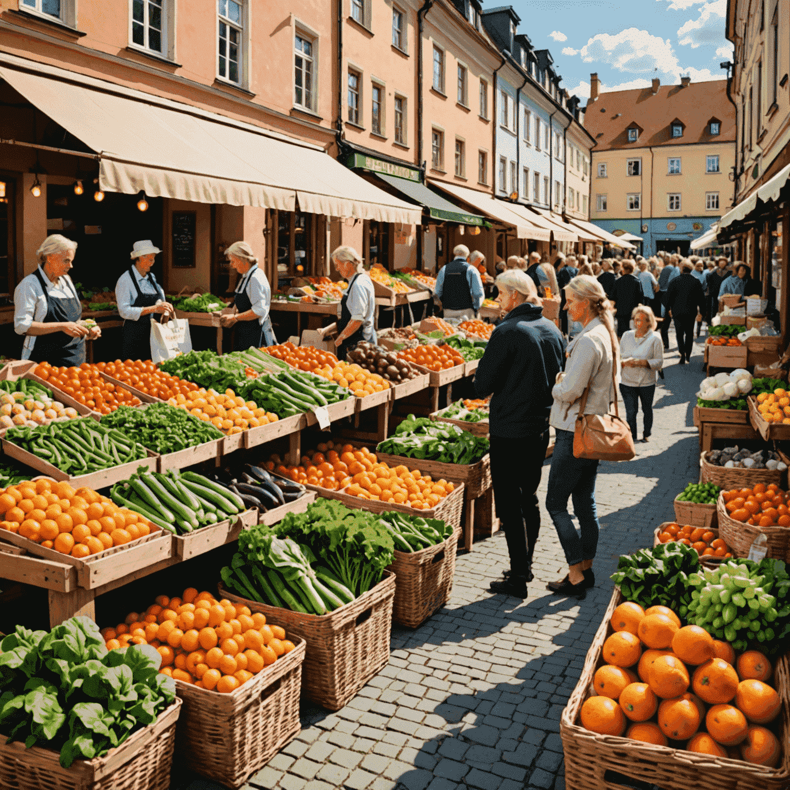 Kolorowy lokalny targ spożywczy w małym polskim miasteczku, pełen świeżych warzyw, owoców i regionalnych produktów